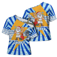Greece Christmas Cross Shoulder Shirt with Zeus Santa Greek Flag Lightning Bolt Gift Bag and Blue Yellow Pattern Design - Wonder Print Shop