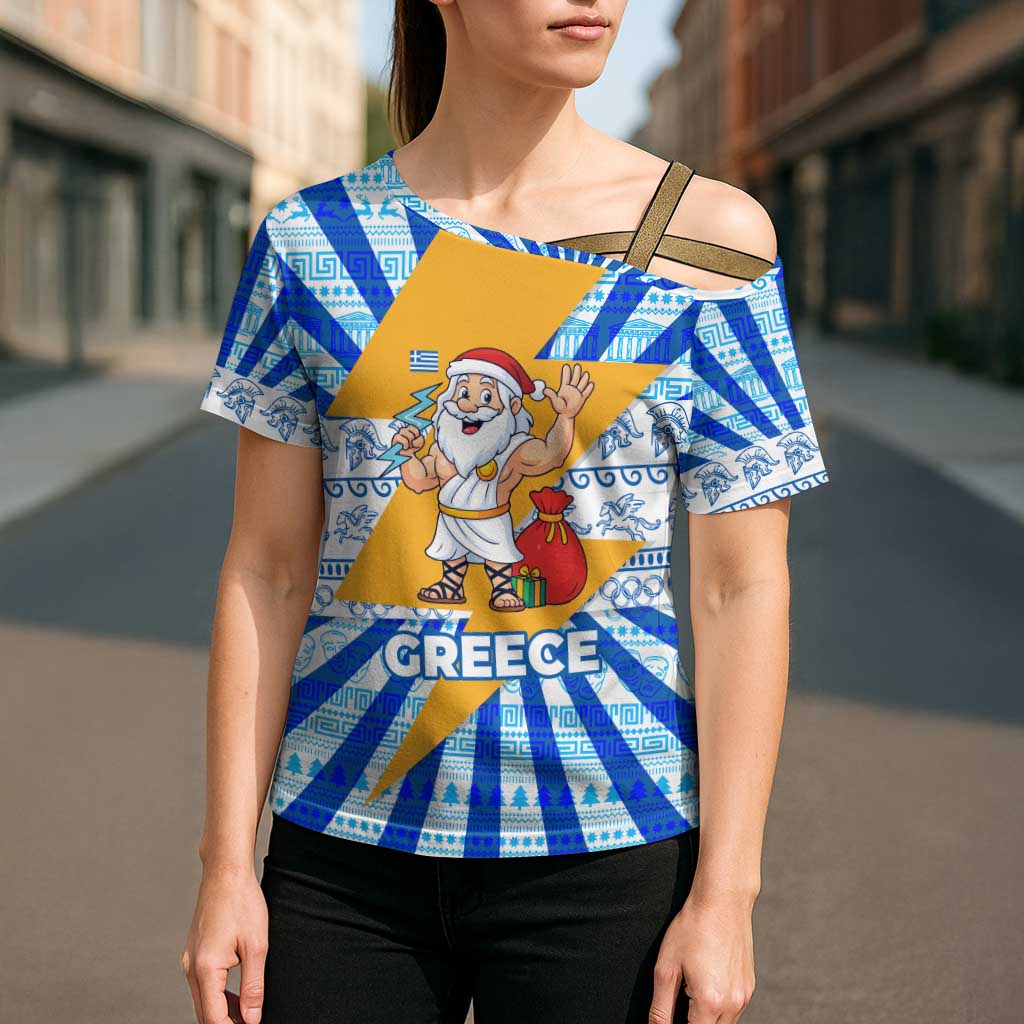 Greece Christmas Cross Shoulder Shirt with Zeus Santa Greek Flag Lightning Bolt Gift Bag and Blue Yellow Pattern Design - Wonder Print Shop