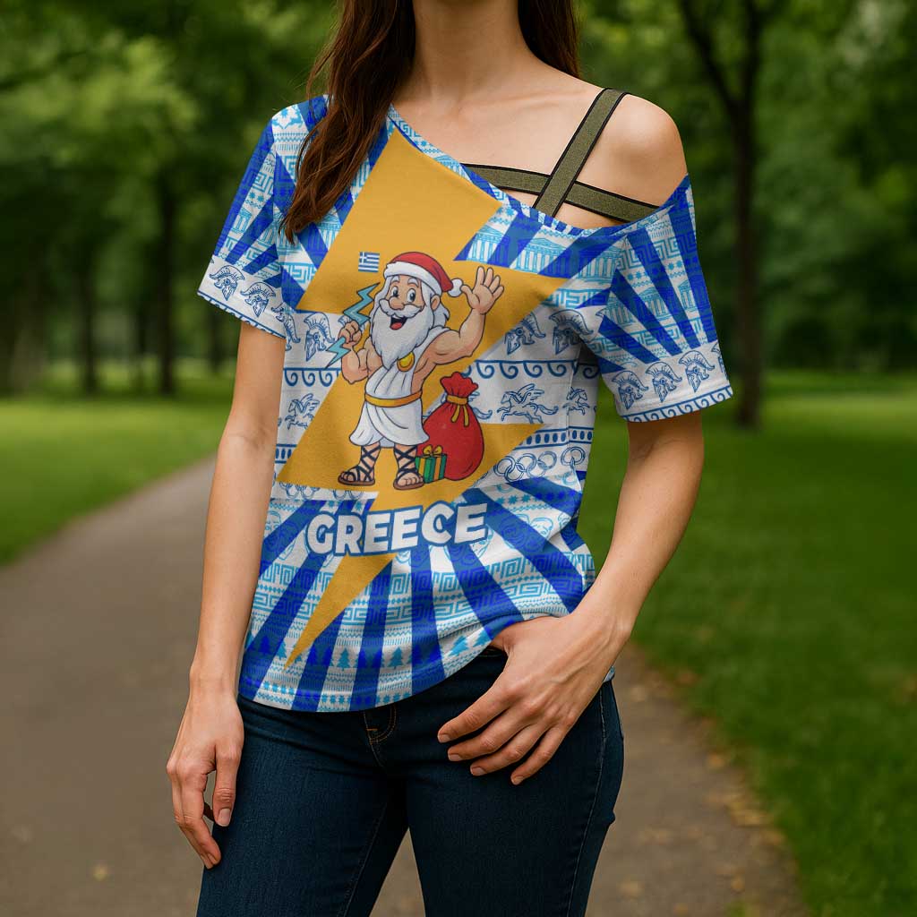 Greece Christmas Cross Shoulder Shirt with Zeus Santa Greek Flag Lightning Bolt Gift Bag and Blue Yellow Pattern Design - Wonder Print Shop