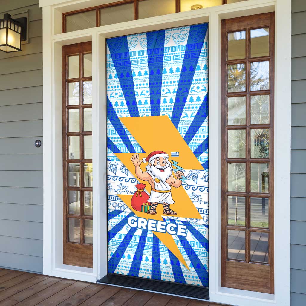 Greece Christmas Door Cover with Zeus Santa Greek Flag Lightning Bolt Gift Bag and Blue Yellow Pattern Design - Wonder Print Shop