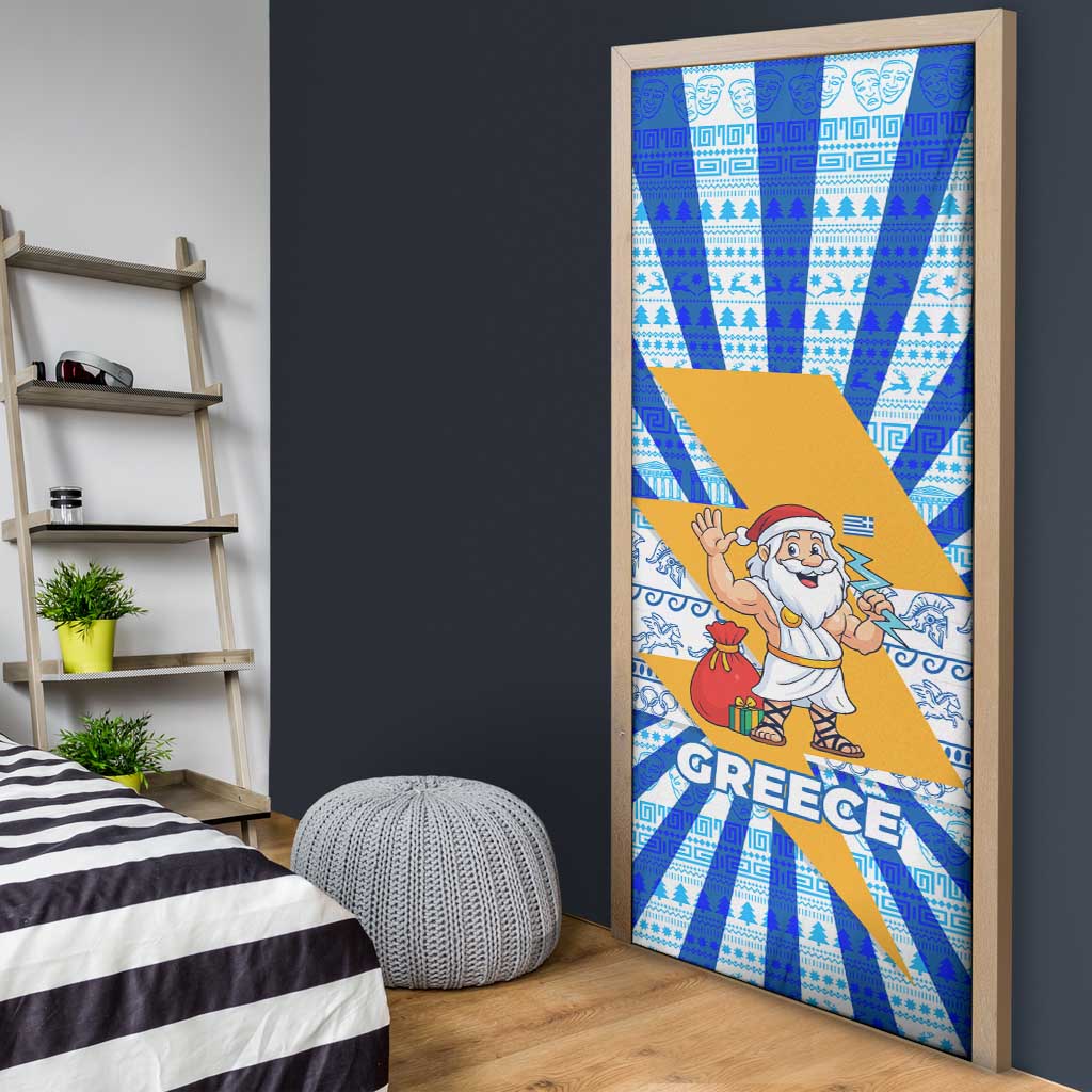Greece Christmas Door Cover with Zeus Santa Greek Flag Lightning Bolt Gift Bag and Blue Yellow Pattern Design - Wonder Print Shop