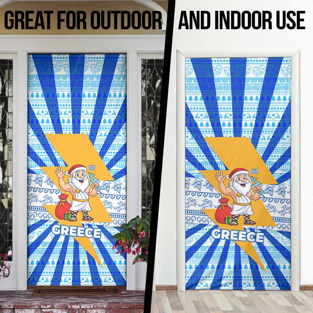 Greece Christmas Door Cover with Zeus Santa Greek Flag Lightning Bolt Gift Bag and Blue Yellow Pattern Design - Wonder Print Shop