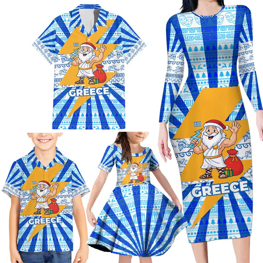 Greece Christmas Family Matching Long Sleeve Bodycon Dress and Hawaiian Shirt with Zeus Santa Greek Flag Lightning Bolt Gift Bag and Blue Yellow Pattern Design - Wonder Print Shop