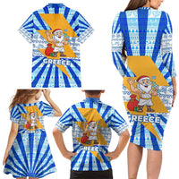 Greece Christmas Family Matching Long Sleeve Bodycon Dress and Hawaiian Shirt with Zeus Santa Greek Flag Lightning Bolt Gift Bag and Blue Yellow Pattern Design - Wonder Print Shop
