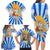 Greece Christmas Family Matching Long Sleeve Bodycon Dress and Hawaiian Shirt with Zeus Santa Greek Flag Lightning Bolt Gift Bag and Blue Yellow Pattern Design - Wonder Print Shop