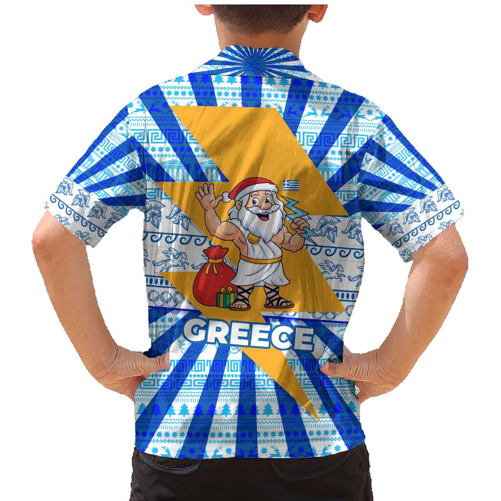 Greece Christmas Family Matching Mermaid Dress and Hawaiian Shirt with Zeus Santa Greek Flag Lightning Bolt Gift Bag and Blue Yellow Pattern Design - Wonder Print Shop