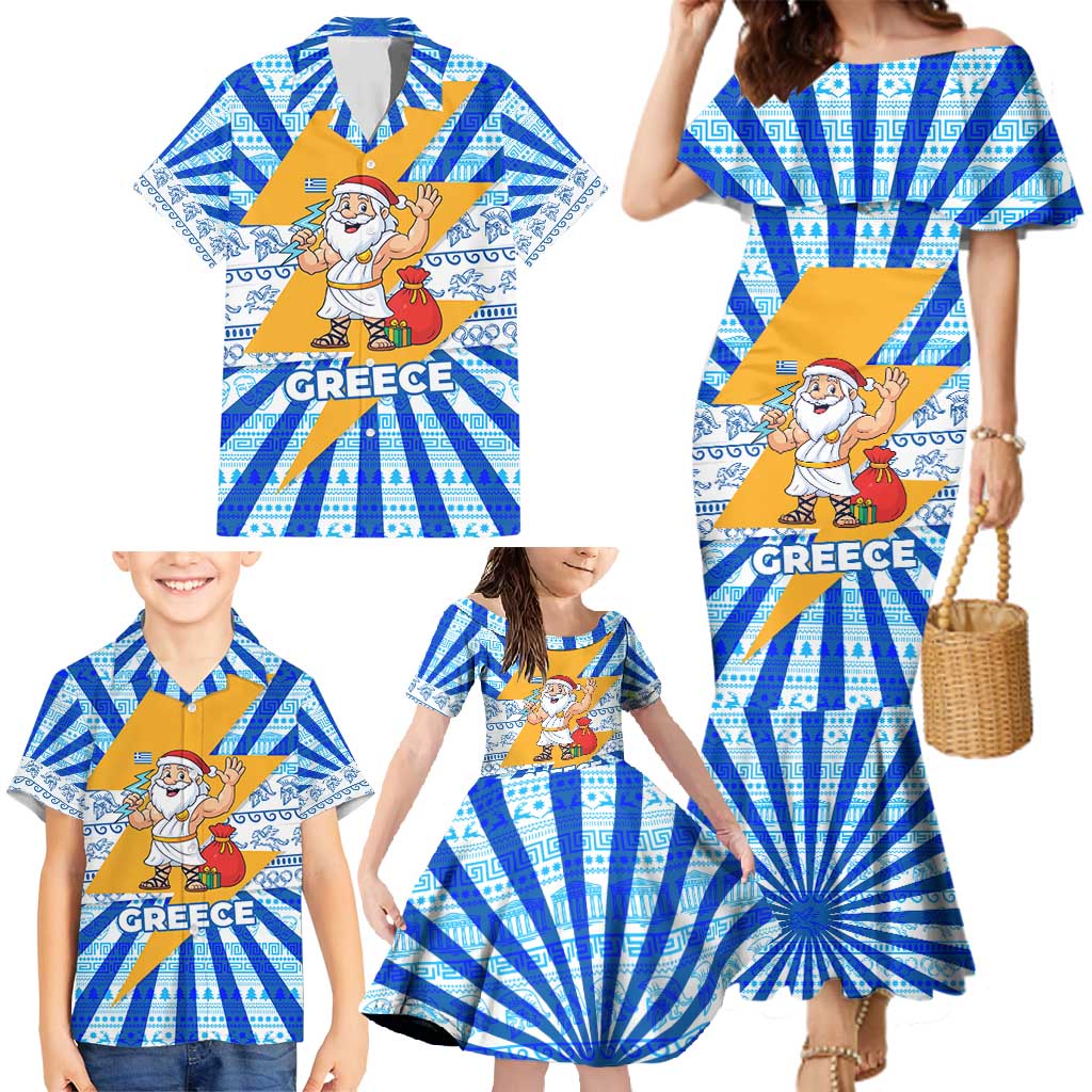Greece Christmas Family Matching Mermaid Dress and Hawaiian Shirt with Zeus Santa Greek Flag Lightning Bolt Gift Bag and Blue Yellow Pattern Design - Wonder Print Shop