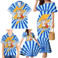 Greece Christmas Family Matching Mermaid Dress and Hawaiian Shirt with Zeus Santa Greek Flag Lightning Bolt Gift Bag and Blue Yellow Pattern Design - Wonder Print Shop