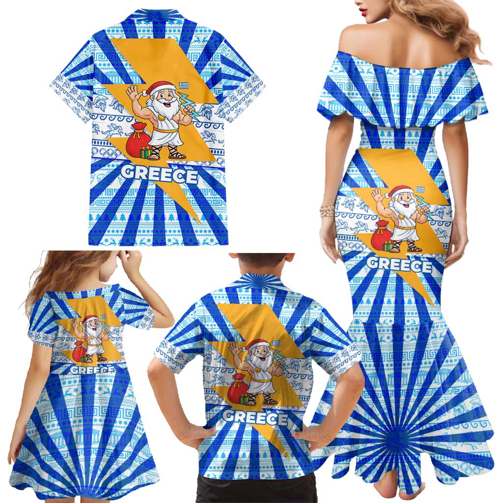 Greece Christmas Family Matching Mermaid Dress and Hawaiian Shirt with Zeus Santa Greek Flag Lightning Bolt Gift Bag and Blue Yellow Pattern Design - Wonder Print Shop