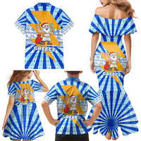 Greece Christmas Family Matching Mermaid Dress and Hawaiian Shirt with Zeus Santa Greek Flag Lightning Bolt Gift Bag and Blue Yellow Pattern Design - Wonder Print Shop