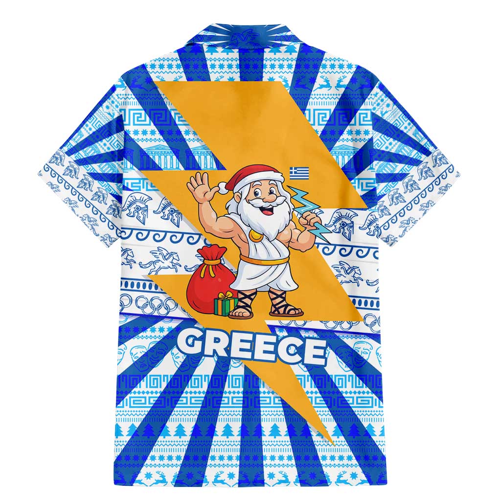 Greece Christmas Family Matching Mermaid Dress and Hawaiian Shirt with Zeus Santa Greek Flag Lightning Bolt Gift Bag and Blue Yellow Pattern Design - Wonder Print Shop