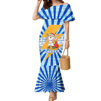 Greece Christmas Family Matching Mermaid Dress and Hawaiian Shirt with Zeus Santa Greek Flag Lightning Bolt Gift Bag and Blue Yellow Pattern Design - Wonder Print Shop