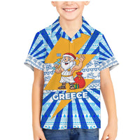 Greece Christmas Family Matching Mermaid Dress and Hawaiian Shirt with Zeus Santa Greek Flag Lightning Bolt Gift Bag and Blue Yellow Pattern Design - Wonder Print Shop
