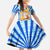 Greece Christmas Family Matching Off The Shoulder Long Sleeve Dress and Hawaiian Shirt with Zeus Santa Greek Flag Lightning Bolt Gift Bag and Blue Yellow Pattern Design - Wonder Print Shop