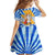 Greece Christmas Family Matching Off The Shoulder Long Sleeve Dress and Hawaiian Shirt with Zeus Santa Greek Flag Lightning Bolt Gift Bag and Blue Yellow Pattern Design - Wonder Print Shop