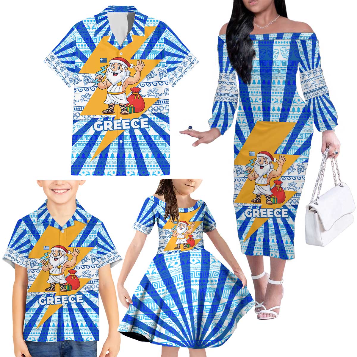 Greece Christmas Family Matching Off The Shoulder Long Sleeve Dress and Hawaiian Shirt with Zeus Santa Greek Flag Lightning Bolt Gift Bag and Blue Yellow Pattern Design - Wonder Print Shop