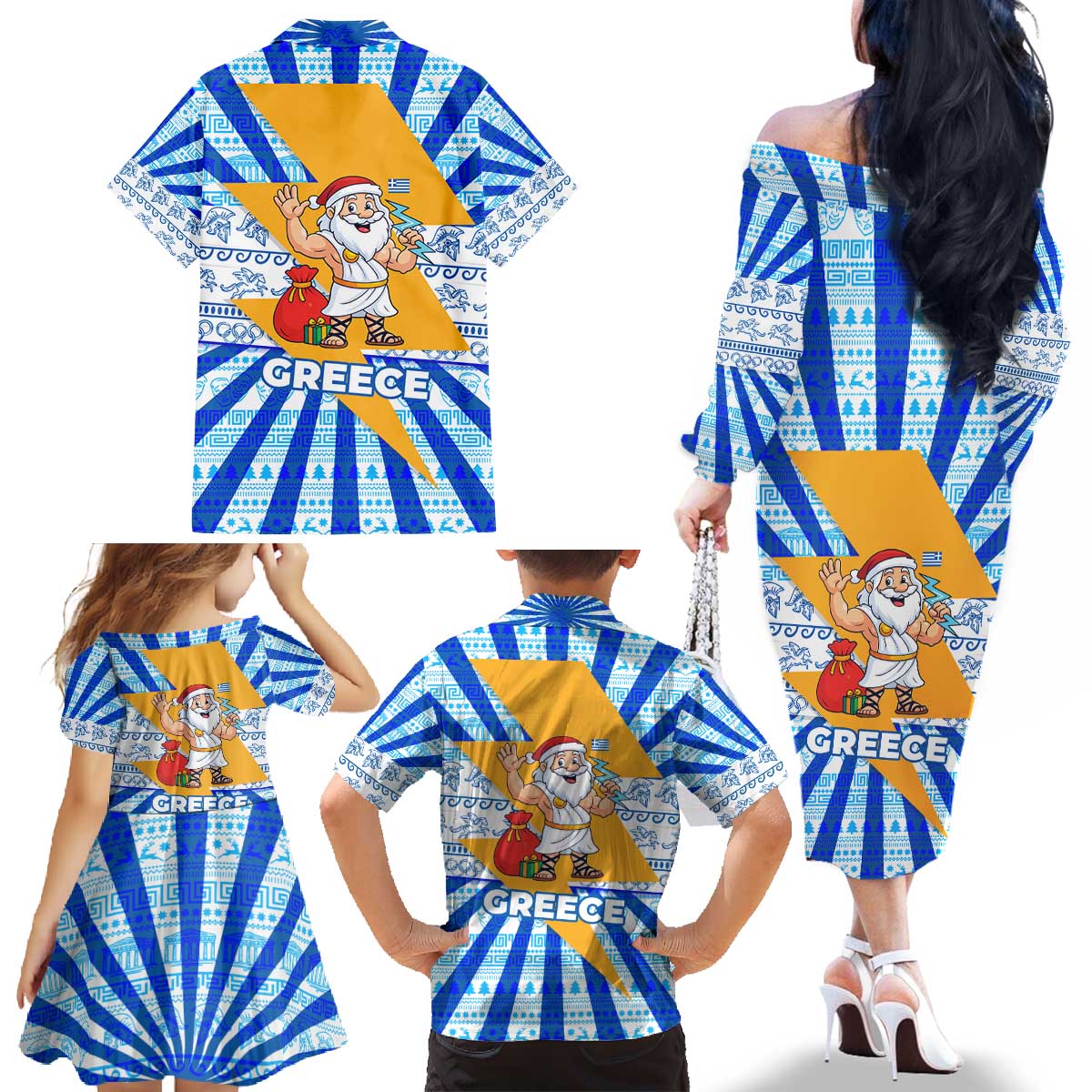 Greece Christmas Family Matching Off The Shoulder Long Sleeve Dress and Hawaiian Shirt with Zeus Santa Greek Flag Lightning Bolt Gift Bag and Blue Yellow Pattern Design - Wonder Print Shop