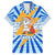 Greece Christmas Family Matching Off The Shoulder Long Sleeve Dress and Hawaiian Shirt with Zeus Santa Greek Flag Lightning Bolt Gift Bag and Blue Yellow Pattern Design - Wonder Print Shop