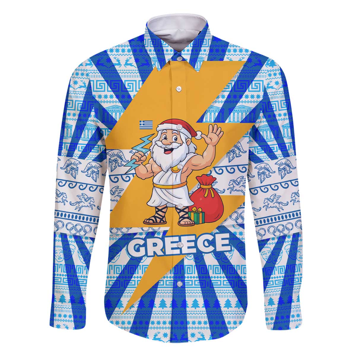 Greece Christmas Family Matching Off The Shoulder Long Sleeve Dress and Hawaiian Shirt with Zeus Santa Greek Flag Lightning Bolt Gift Bag and Blue Yellow Pattern Design - Wonder Print Shop