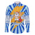 Greece Christmas Family Matching Off The Shoulder Long Sleeve Dress and Hawaiian Shirt with Zeus Santa Greek Flag Lightning Bolt Gift Bag and Blue Yellow Pattern Design - Wonder Print Shop