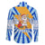 Greece Christmas Family Matching Off The Shoulder Long Sleeve Dress and Hawaiian Shirt with Zeus Santa Greek Flag Lightning Bolt Gift Bag and Blue Yellow Pattern Design - Wonder Print Shop