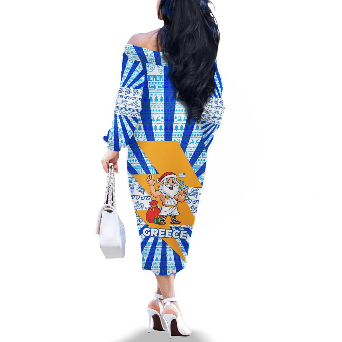 Greece Christmas Family Matching Off The Shoulder Long Sleeve Dress and Hawaiian Shirt with Zeus Santa Greek Flag Lightning Bolt Gift Bag and Blue Yellow Pattern Design - Wonder Print Shop