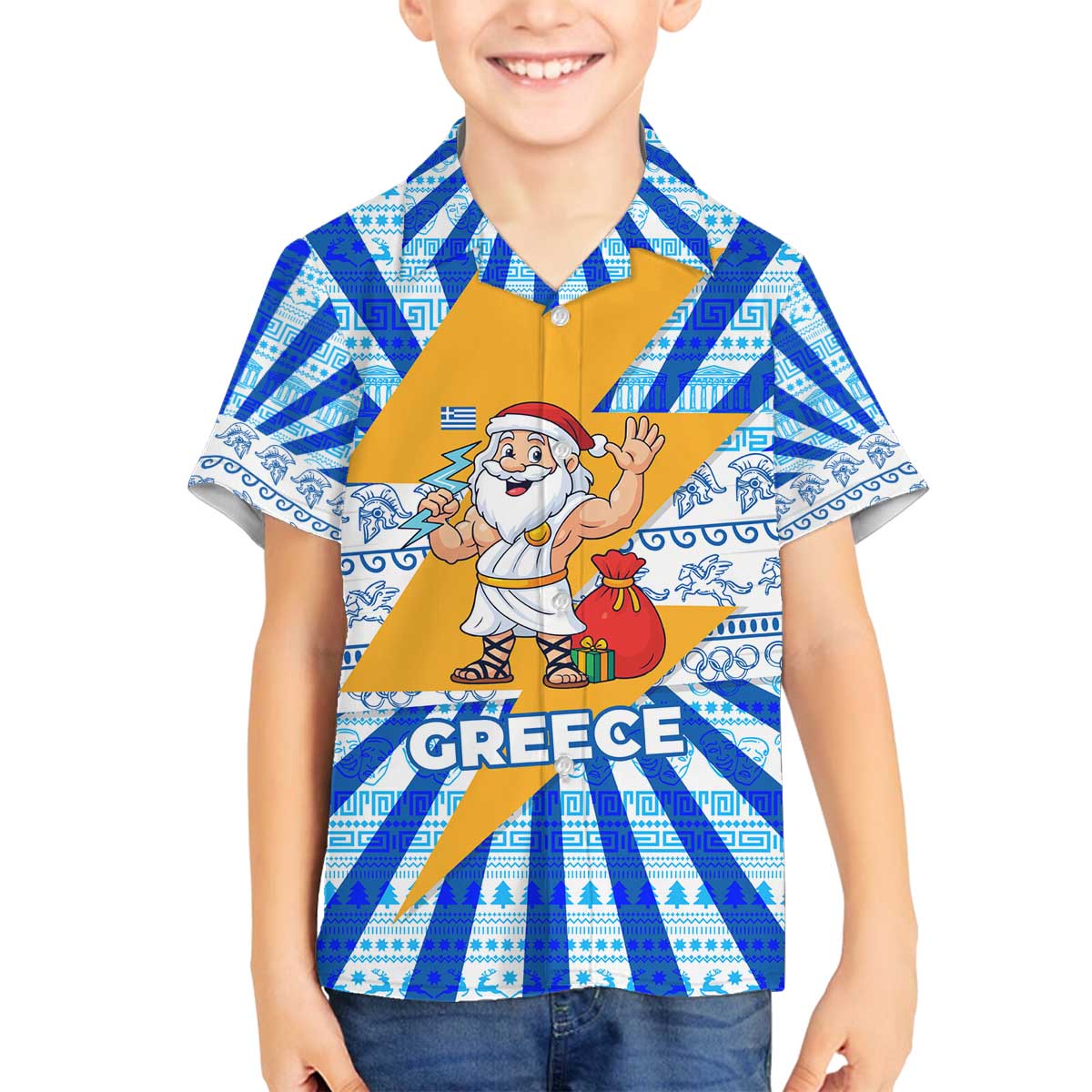 Greece Christmas Family Matching Off The Shoulder Long Sleeve Dress and Hawaiian Shirt with Zeus Santa Greek Flag Lightning Bolt Gift Bag and Blue Yellow Pattern Design - Wonder Print Shop