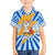 Greece Christmas Family Matching Off The Shoulder Long Sleeve Dress and Hawaiian Shirt with Zeus Santa Greek Flag Lightning Bolt Gift Bag and Blue Yellow Pattern Design - Wonder Print Shop