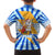 Greece Christmas Family Matching Off Shoulder Maxi Dress and Hawaiian Shirt with Zeus Santa Greek Flag Lightning Bolt Gift Bag and Blue Yellow Pattern Design - Wonder Print Shop
