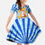 Greece Christmas Family Matching Off Shoulder Maxi Dress and Hawaiian Shirt with Zeus Santa Greek Flag Lightning Bolt Gift Bag and Blue Yellow Pattern Design - Wonder Print Shop