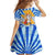 Greece Christmas Family Matching Off Shoulder Maxi Dress and Hawaiian Shirt with Zeus Santa Greek Flag Lightning Bolt Gift Bag and Blue Yellow Pattern Design - Wonder Print Shop