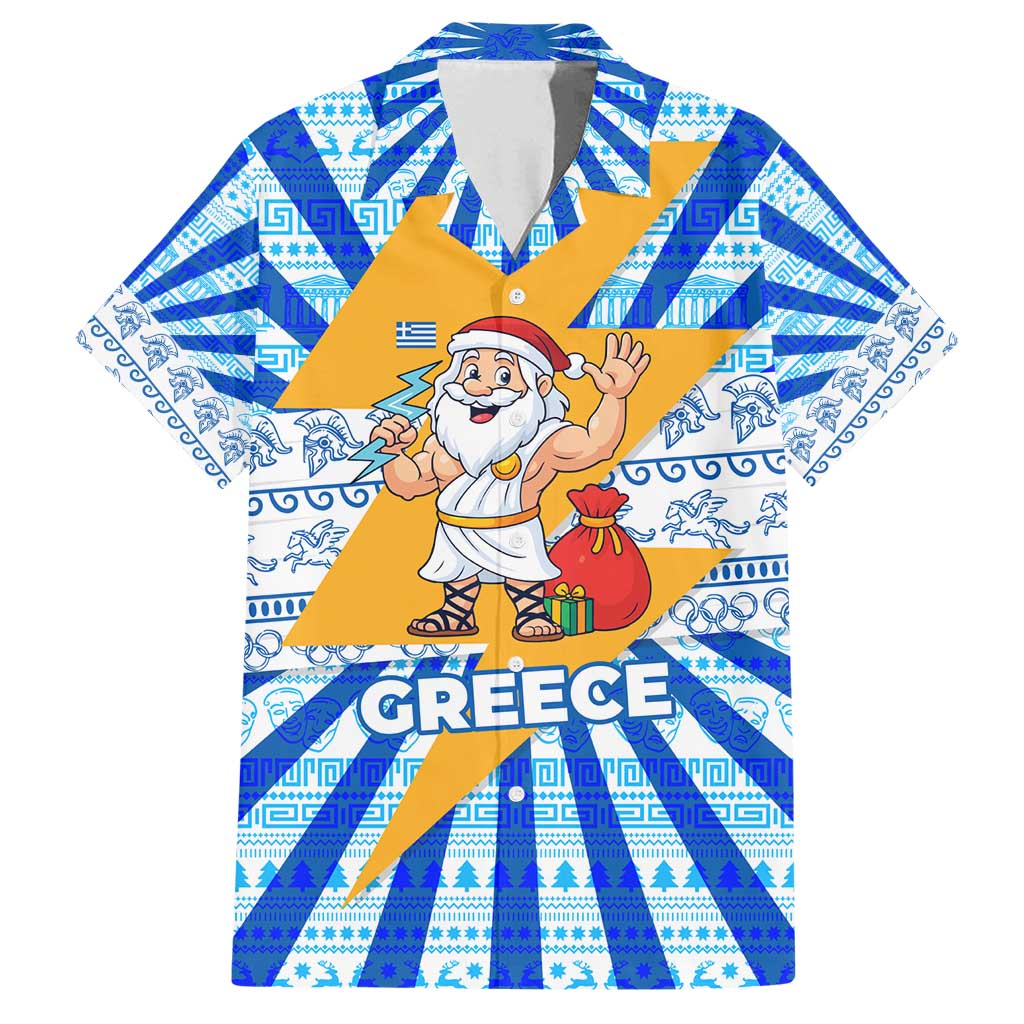 Greece Christmas Family Matching Off Shoulder Maxi Dress and Hawaiian Shirt with Zeus Santa Greek Flag Lightning Bolt Gift Bag and Blue Yellow Pattern Design - Wonder Print Shop