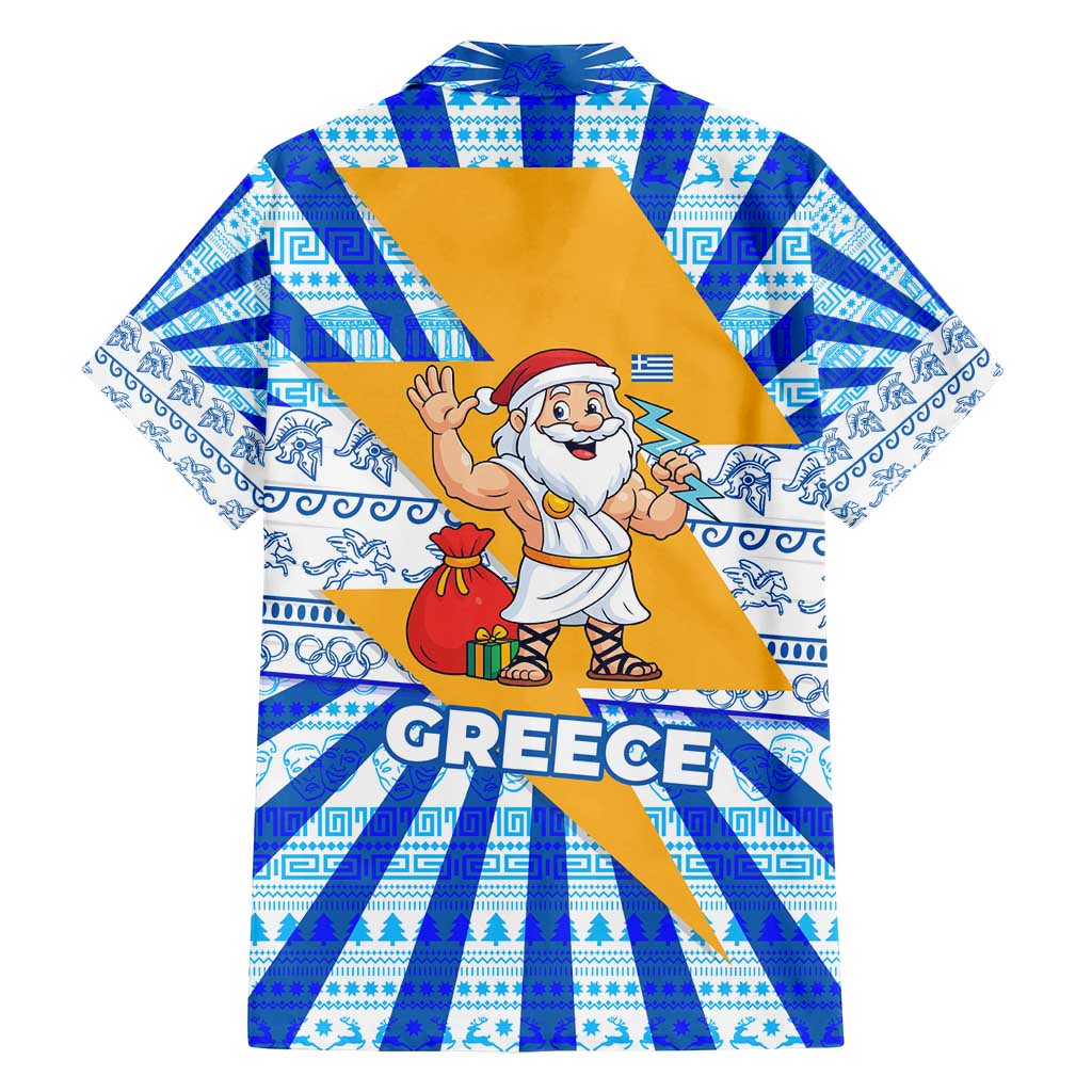 Greece Christmas Family Matching Off Shoulder Maxi Dress and Hawaiian Shirt with Zeus Santa Greek Flag Lightning Bolt Gift Bag and Blue Yellow Pattern Design - Wonder Print Shop