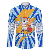 Greece Christmas Family Matching Off Shoulder Maxi Dress and Hawaiian Shirt with Zeus Santa Greek Flag Lightning Bolt Gift Bag and Blue Yellow Pattern Design - Wonder Print Shop