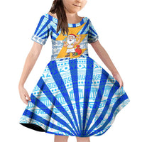 Greece Christmas Family Matching Off Shoulder Short Dress and Hawaiian Shirt with Zeus Santa Greek Flag Lightning Bolt Gift Bag and Blue Yellow Pattern Design - Wonder Print Shop