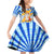 Greece Christmas Family Matching Off Shoulder Short Dress and Hawaiian Shirt with Zeus Santa Greek Flag Lightning Bolt Gift Bag and Blue Yellow Pattern Design - Wonder Print Shop