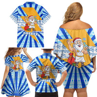 Greece Christmas Family Matching Off Shoulder Short Dress and Hawaiian Shirt with Zeus Santa Greek Flag Lightning Bolt Gift Bag and Blue Yellow Pattern Design - Wonder Print Shop