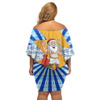 Greece Christmas Family Matching Off Shoulder Short Dress and Hawaiian Shirt with Zeus Santa Greek Flag Lightning Bolt Gift Bag and Blue Yellow Pattern Design - Wonder Print Shop