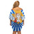 Greece Christmas Family Matching Off Shoulder Short Dress and Hawaiian Shirt with Zeus Santa Greek Flag Lightning Bolt Gift Bag and Blue Yellow Pattern Design - Wonder Print Shop