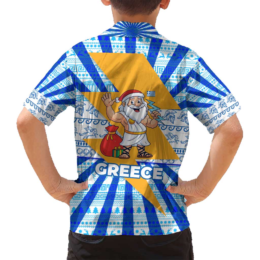 Greece Christmas Family Matching Puletasi and Hawaiian Shirt with Zeus Santa Greek Flag Lightning Bolt Gift Bag and Blue Yellow Pattern Design - Wonder Print Shop
