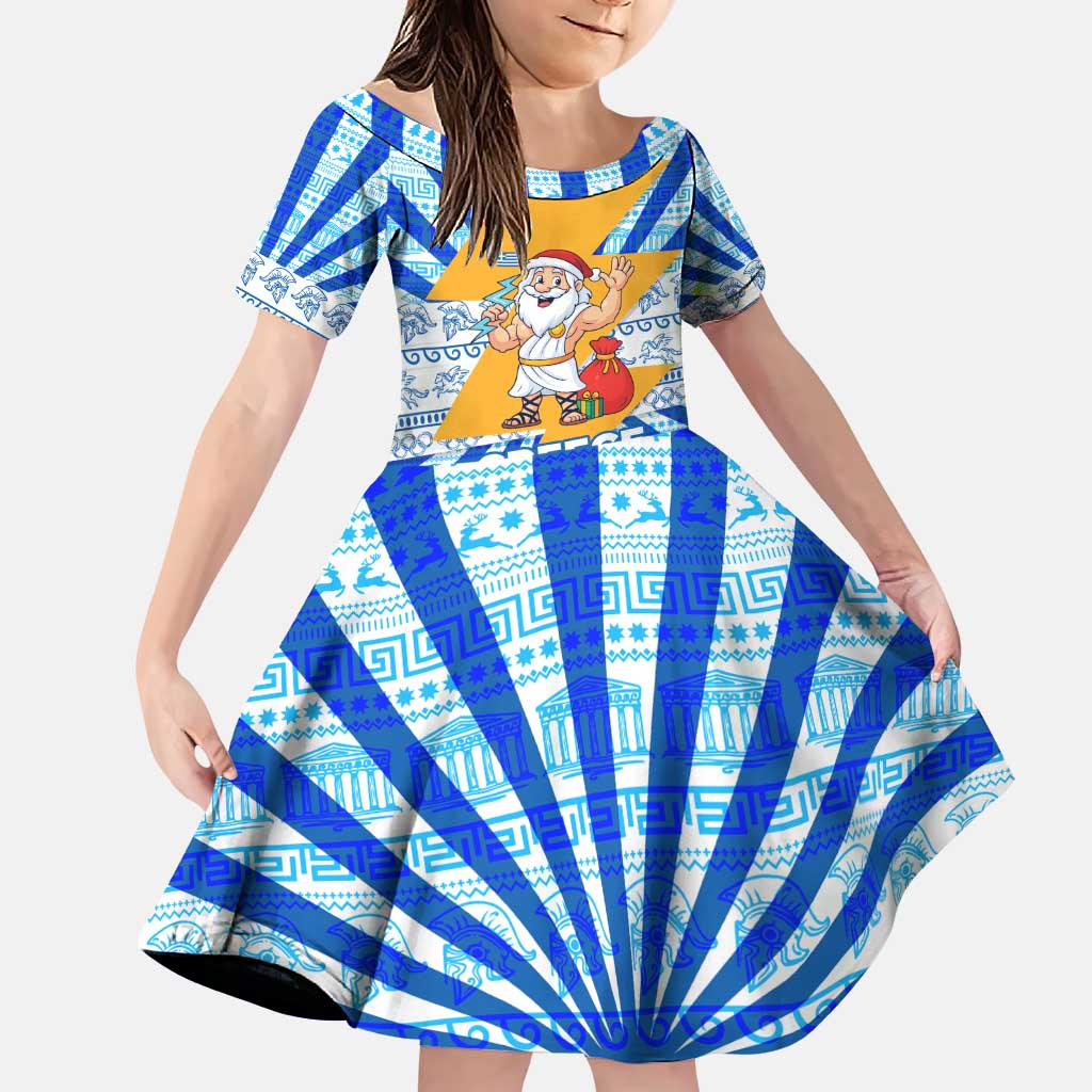 Greece Christmas Family Matching Puletasi and Hawaiian Shirt with Zeus Santa Greek Flag Lightning Bolt Gift Bag and Blue Yellow Pattern Design - Wonder Print Shop