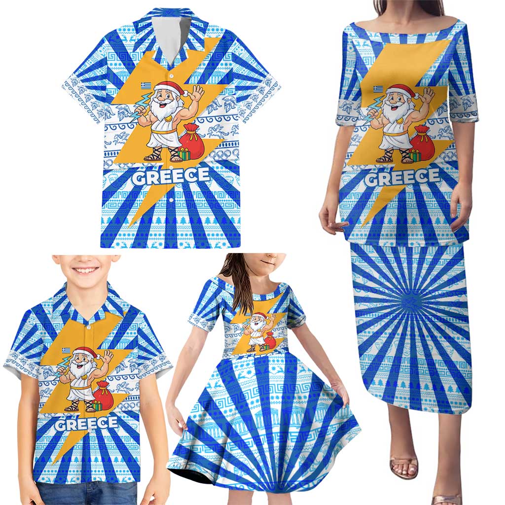 Greece Christmas Family Matching Puletasi and Hawaiian Shirt with Zeus Santa Greek Flag Lightning Bolt Gift Bag and Blue Yellow Pattern Design - Wonder Print Shop