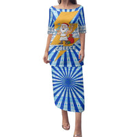 Greece Christmas Family Matching Puletasi and Hawaiian Shirt with Zeus Santa Greek Flag Lightning Bolt Gift Bag and Blue Yellow Pattern Design - Wonder Print Shop