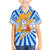 Greece Christmas Family Matching Short Sleeve Bodycon Dress and Hawaiian Shirt with Zeus Santa Greek Flag Lightning Bolt Gift Bag and Blue Yellow Pattern Design - Wonder Print Shop