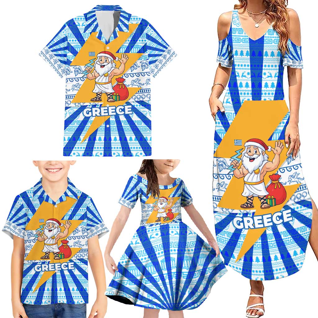 Greece Christmas Family Matching Summer Maxi Dress and Hawaiian Shirt with Zeus Santa Greek Flag Lightning Bolt Gift Bag and Blue Yellow Pattern Design - Wonder Print Shop