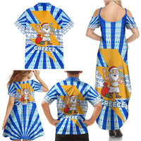Greece Christmas Family Matching Summer Maxi Dress and Hawaiian Shirt with Zeus Santa Greek Flag Lightning Bolt Gift Bag and Blue Yellow Pattern Design - Wonder Print Shop