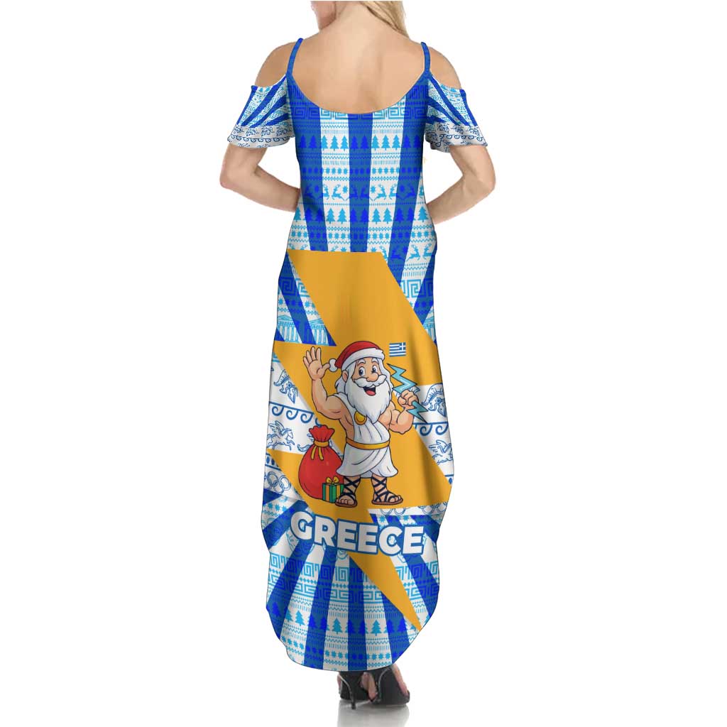 Greece Christmas Family Matching Summer Maxi Dress and Hawaiian Shirt with Zeus Santa Greek Flag Lightning Bolt Gift Bag and Blue Yellow Pattern Design - Wonder Print Shop