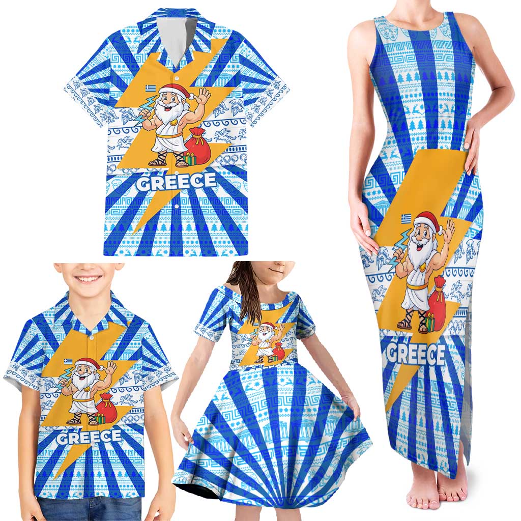 Greece Christmas Family Matching Tank Maxi Dress and Hawaiian Shirt with Zeus Santa Greek Flag Lightning Bolt Gift Bag and Blue Yellow Pattern Design - Wonder Print Shop
