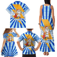 Greece Christmas Family Matching Tank Maxi Dress and Hawaiian Shirt with Zeus Santa Greek Flag Lightning Bolt Gift Bag and Blue Yellow Pattern Design - Wonder Print Shop