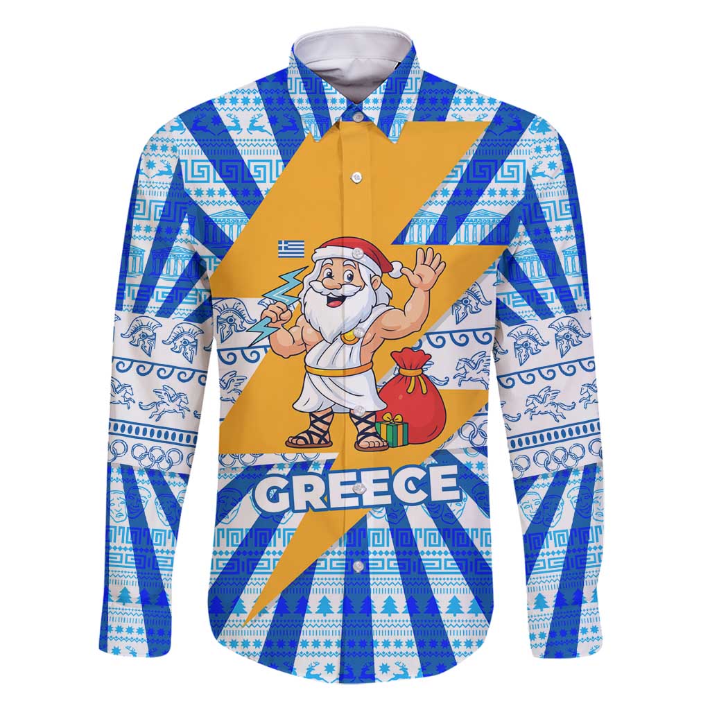 Greece Christmas Family Matching Tank Maxi Dress and Hawaiian Shirt with Zeus Santa Greek Flag Lightning Bolt Gift Bag and Blue Yellow Pattern Design - Wonder Print Shop